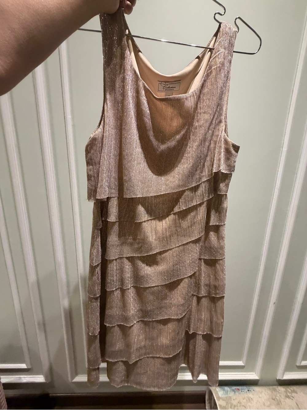 dressbarn Metallic Champagne Tiered Midi Dress